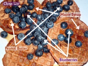 image: detail waffles blueberries maple syrup peanut butter